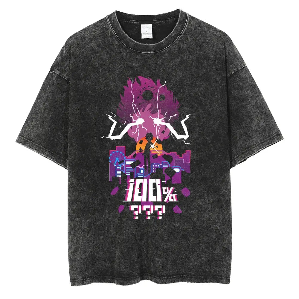 Black distressed mob psycho shigeo kageyama t-shirt with vibrant purple orange anime graphic on washed cotton