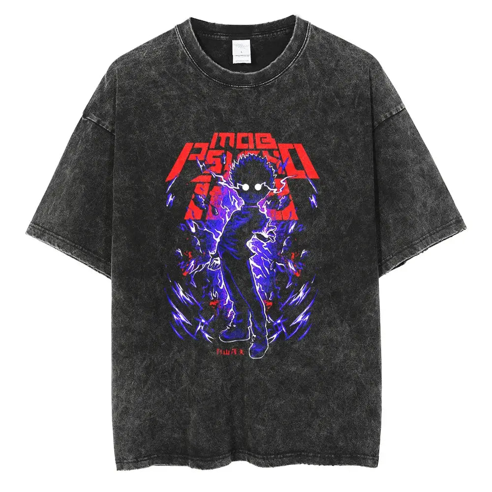 Black distressed mob psycho 100 shigeo kageyama t-shirt with vibrant graphic on washed cotton fabric