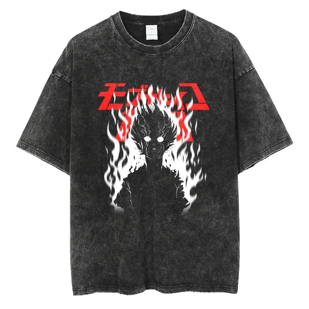 Black distressed washed cotton t-shirt featuring a bold flaming anime graphic and red japanese text mob psycho shigeo kageyama