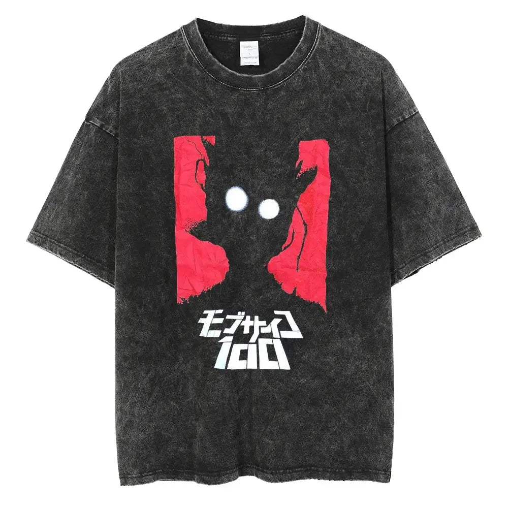 Black distressed washed cotton mob psycho shigeo kageyama t-shirt with bold red and white stylized eyes graphic and japanese text