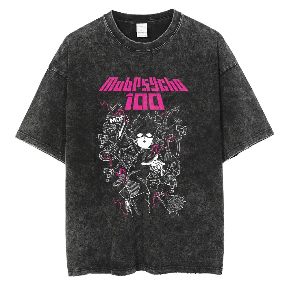 Black distressed washed cotton t-shirt featuring a vibrant pink and white mob psycho shigeo kageyama anime graphic
