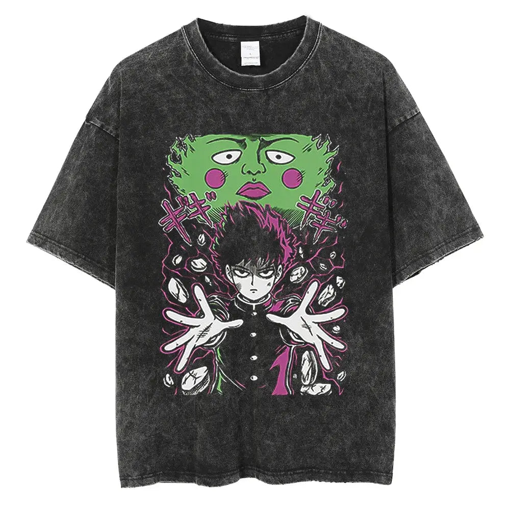 Black distressed washed cotton t-shirt featuring gon freecss and demon form graphic with bold green and magenta colors mob psycho shigeo kageyama