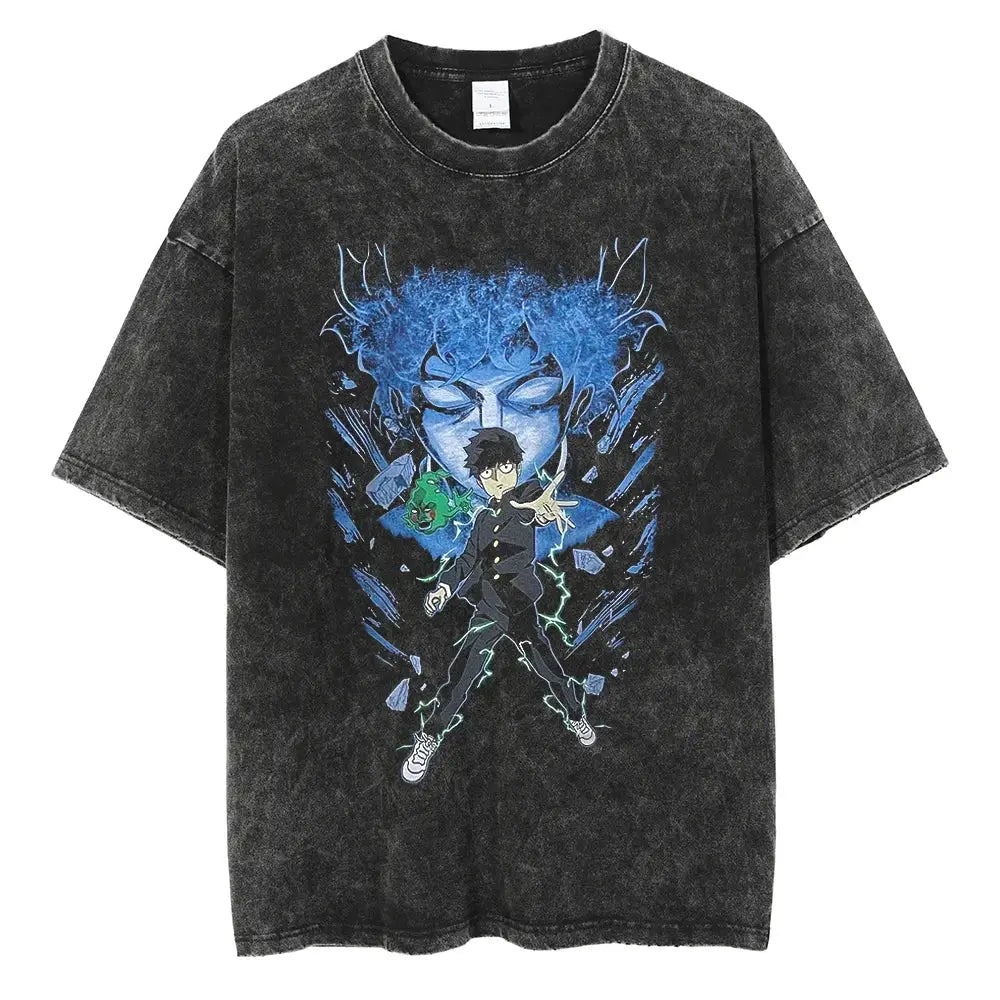 Black distressed washed cotton t-shirt featuring vibrant blue and green mob psycho shigeo kageyama anime graphic