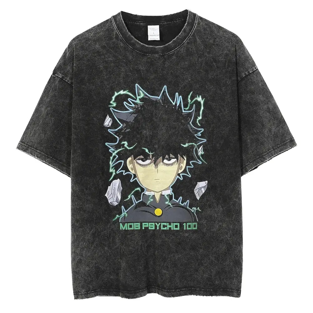 Black distressed washed cotton t-shirt featuring mob psycho shigeo kageyama with green and white lightning graphic