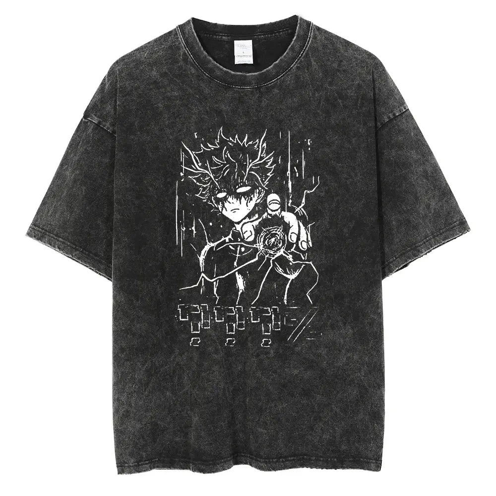 Black distressed mob psycho shigeo kageyama t-shirt with white line-art anime graphic made of washed cotton