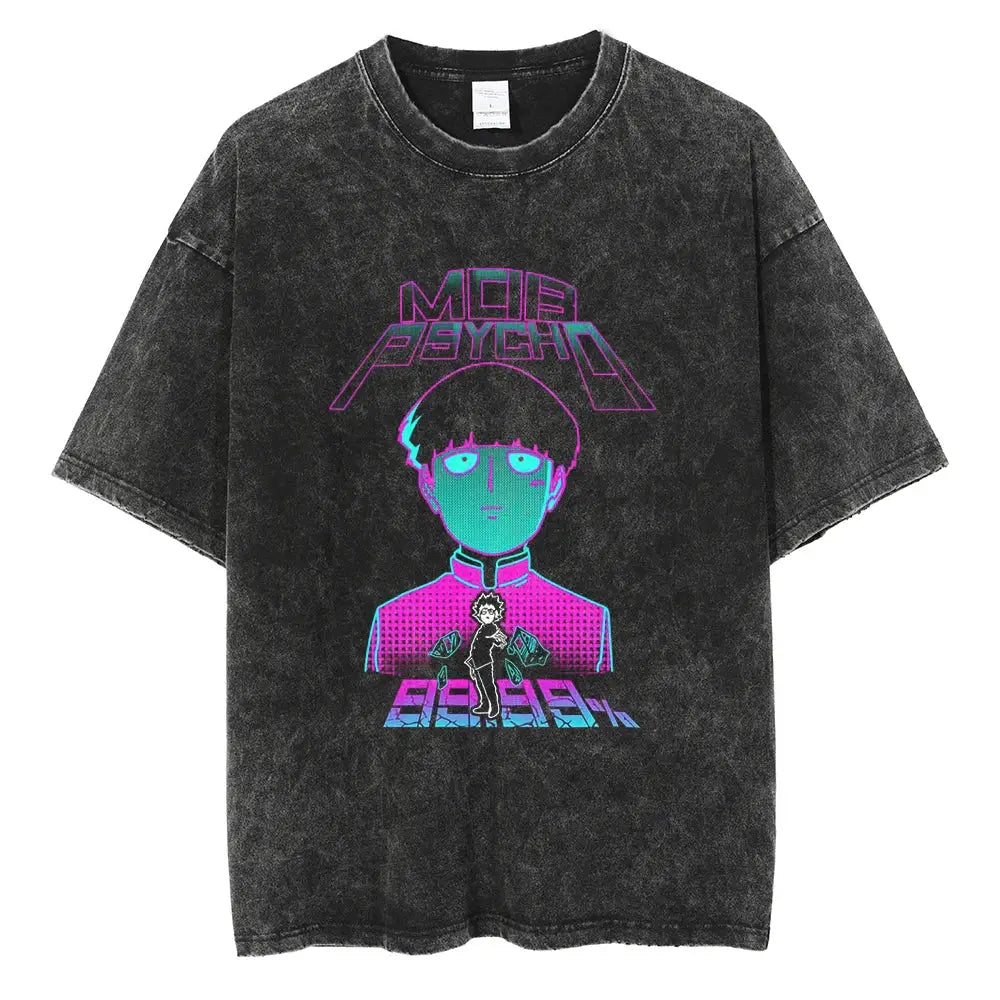 Black distressed washed cotton mob psycho t-shirt with neon pink teal shigeo kageyama anime graphic and text mob psycho