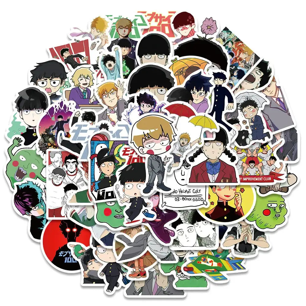 A colorful glossy mob psycho 100 shigeo sticker set featuring waterproof anime character decals