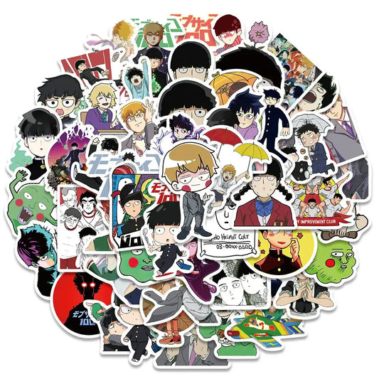 A colorful glossy mob psycho 100 shigeo sticker set featuring waterproof anime character decals