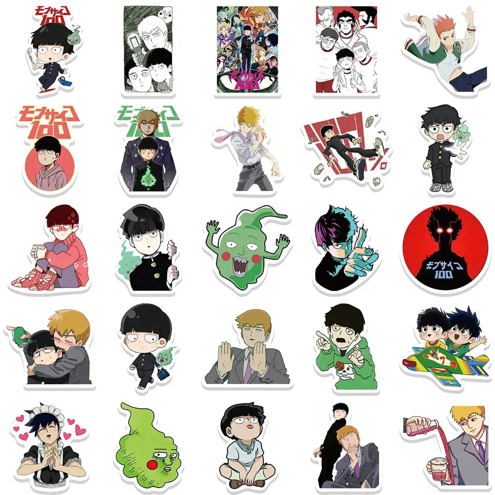 A colorful mob psycho shigeo sticker set featuring vibrant die-cut waterproof decals with distinct character designs