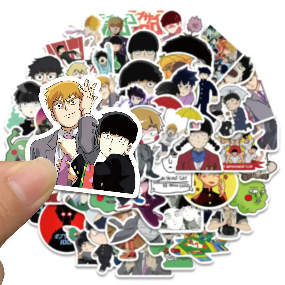 A colorful mob psycho 100 shigeo sticker set featuring various anime character designs and waterproof decals