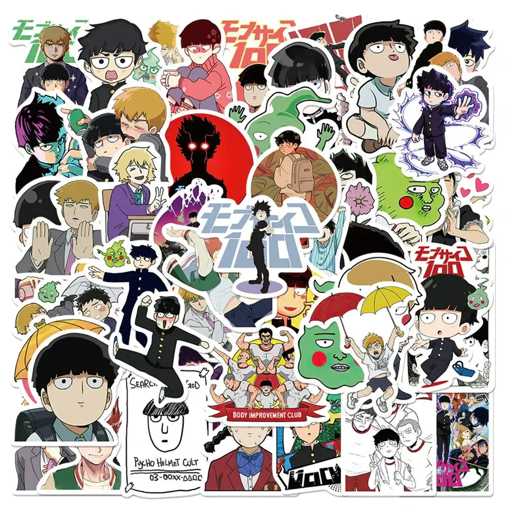 A vibrant mob psycho shigeo sticker set featuring colorful waterproof anime decals with bold outlines and dynamic poses
