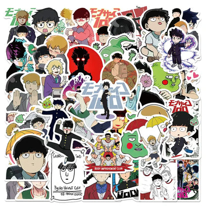 A vibrant mob psycho shigeo sticker set featuring colorful waterproof anime decals with bold outlines and dynamic poses