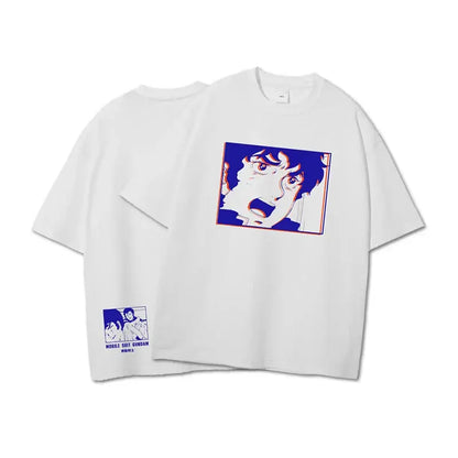White heavy cotton mobile suit gundam t-shirt with bold blue and red anime graphic and small matching hem design