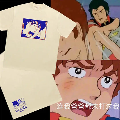 Cream-colored heavy cotton short-sleeved mobile suit gundam t-shirt with bold blue and red anime graphic print