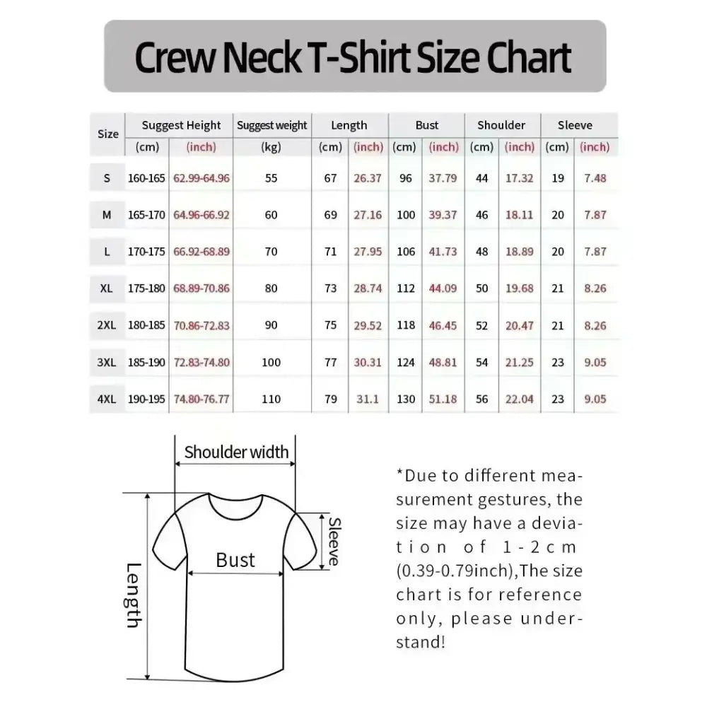 Mobile suit gundam mecha t-shirt heavy cotton crew neck size chart with measurements in cm and inches s to 4x