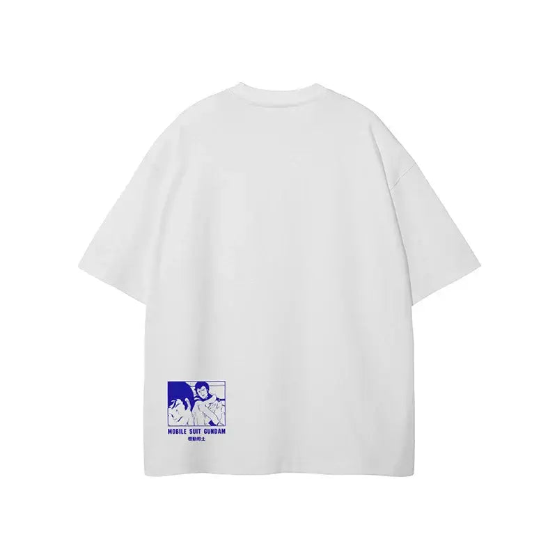 White oversized heavy cotton t-shirt showing blue mobile suit gundam graphic print on the lower back side