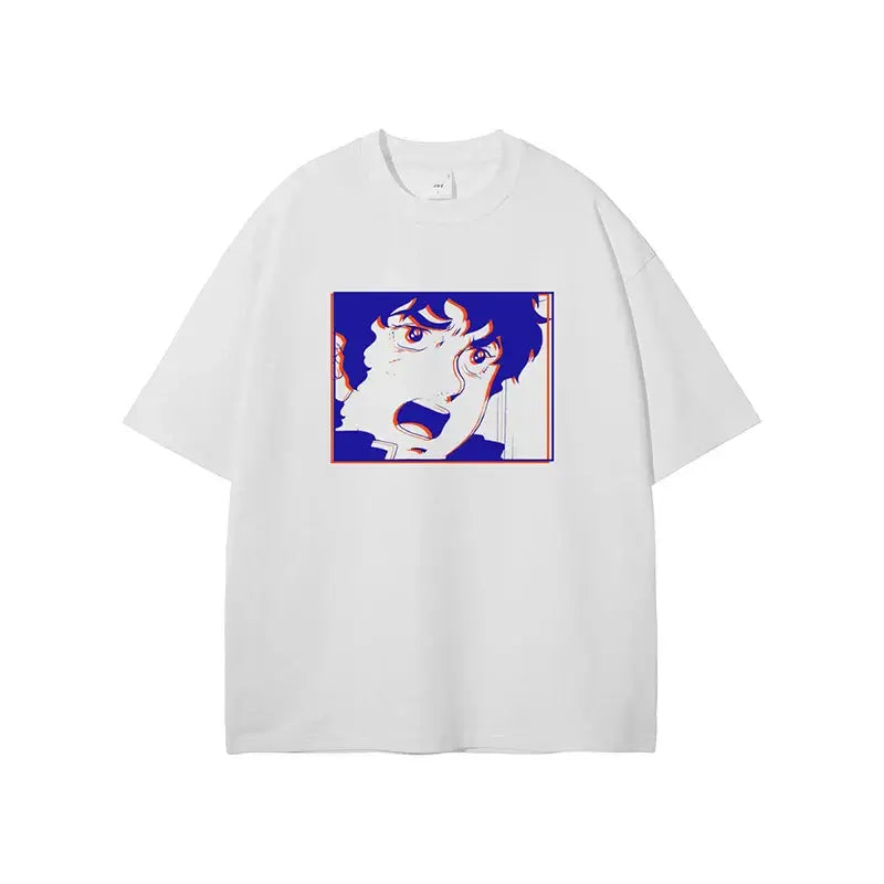 White oversized heavy cotton t-shirt featuring a bold mobile suit gundam anime face with deep blue hair on purple background