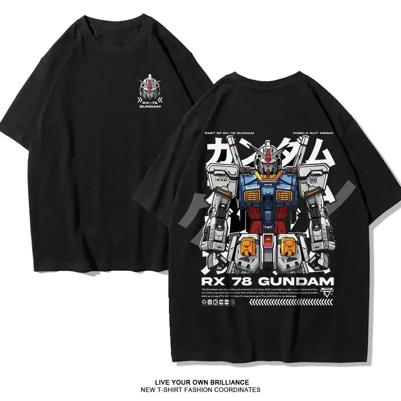 Black cotton oversized fit t-shirt featuring a detailed blue red and white rx-78 gundam graphic with japanese text