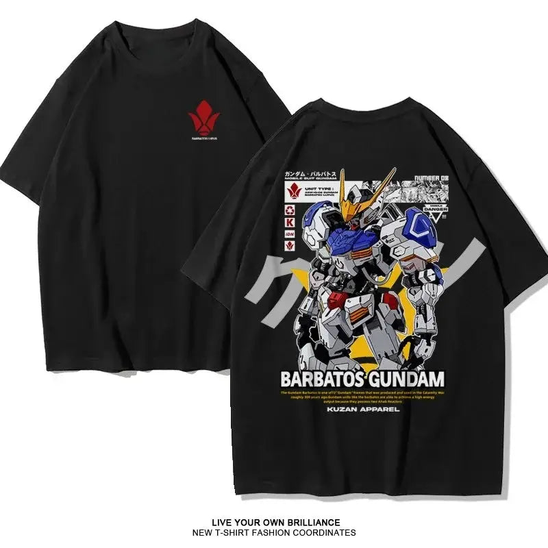 Black cotton oversized fit t-shirt showing the back with a detailed barbatos gundam graphic in blue white red and yellow accents