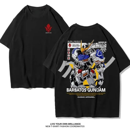 Black cotton oversized fit t-shirt showing the back with a detailed barbatos gundam graphic in blue white red and yellow accents