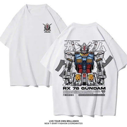 White oversized fit cotton t-shirt showing the back with a detailed rx-78 gundam graphic in blue red and gray