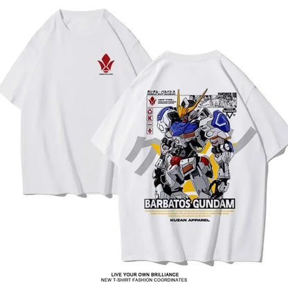 White cotton oversized fit t-shirt with short sleeves featuring barbatos gundam blue silver red yellow graphic on back