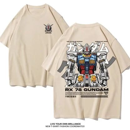 Beige oversized fit cotton t-shirt featuring detailed rx-78 gundam graphic with blue red and yellow armor accents