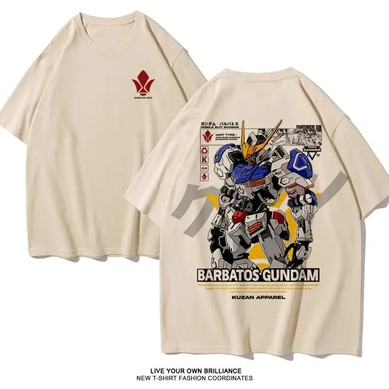 Beige oversized fit cotton t-shirt with a detailed barbatos gundam graphic on the back and a small red logo front