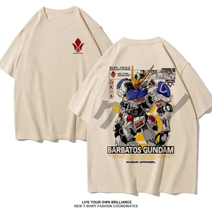 Beige oversized fit cotton t-shirt with a detailed barbatos gundam graphic on the back and a small red logo front