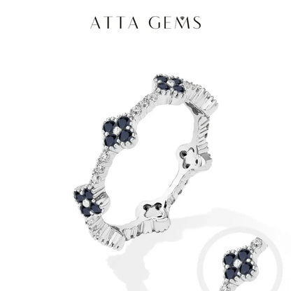 Silver 925 sterling silver gold-plated moissanite eternity ring with dark blue and clear gemstone floral design