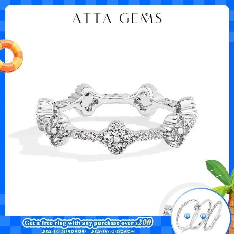 Delicate moissanite eternity ring with floral design sparkling diamonds on silver gold-plated band