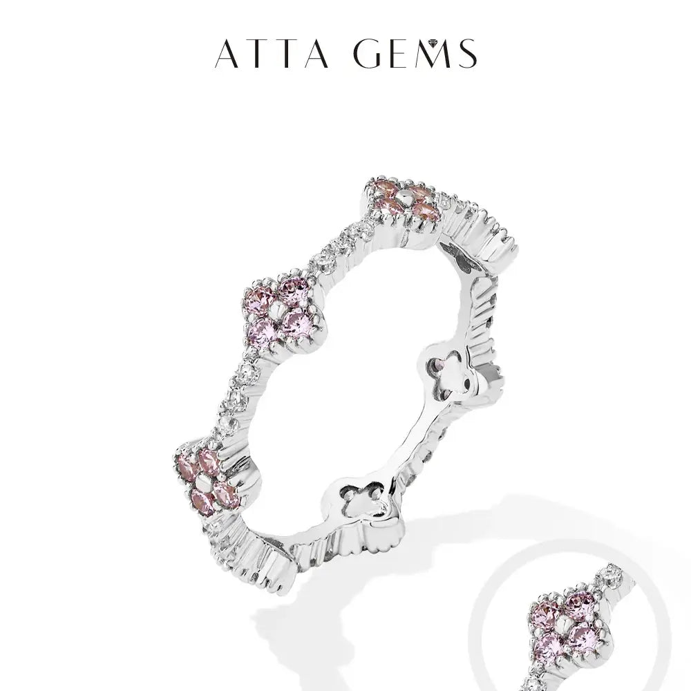 Silver 925 sterling gold-plated moissanite eternity ring with pink gemstone clusters and floral design