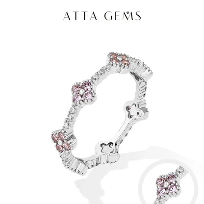 Silver 925 sterling gold-plated moissanite eternity ring with pink gemstone clusters and floral design