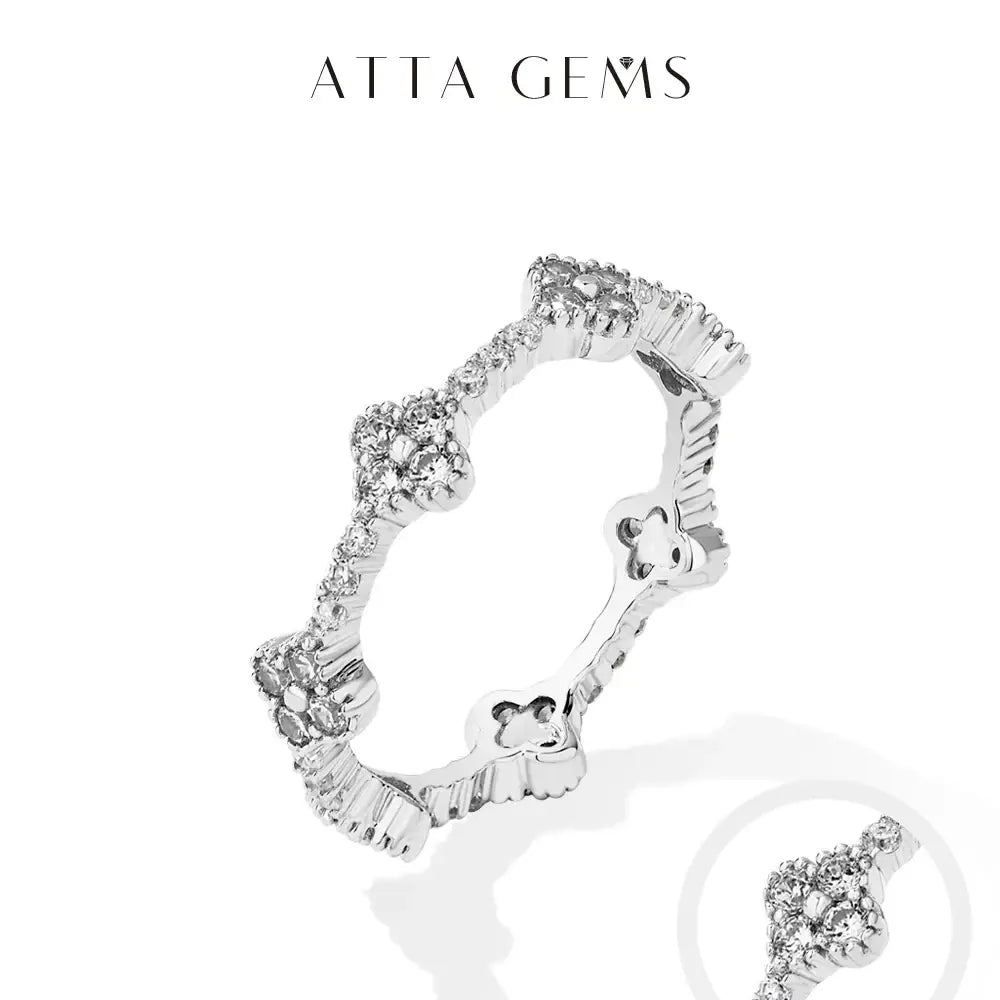Moissanite eternity ring with silver band featuring sparkling clear crystals and intricate floral motifs gold plated