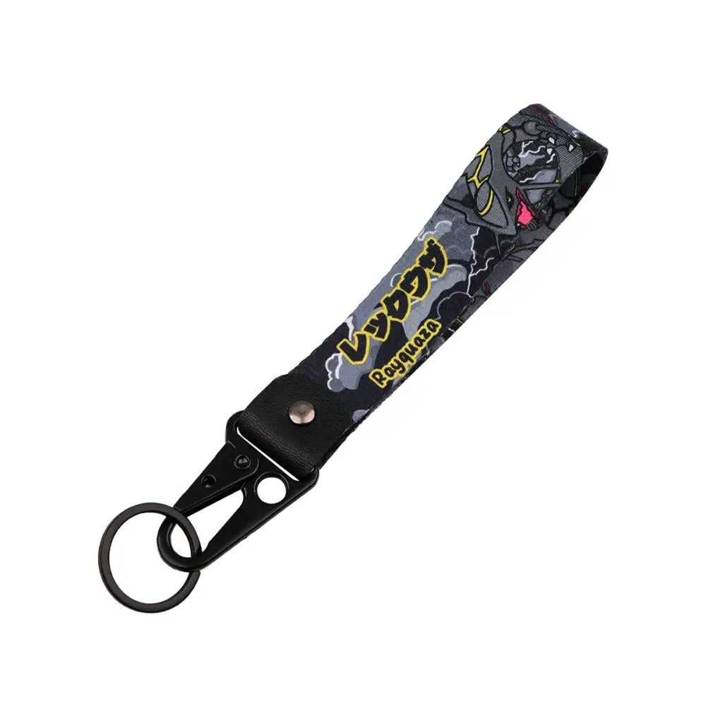 Black fabric monster original keychain with gray and black rayquaza anime monster graphic yellow japanese text and pink accents