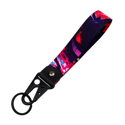 Vibrant pink and purple monster original keychain with black metal clip and ring for car key accessory