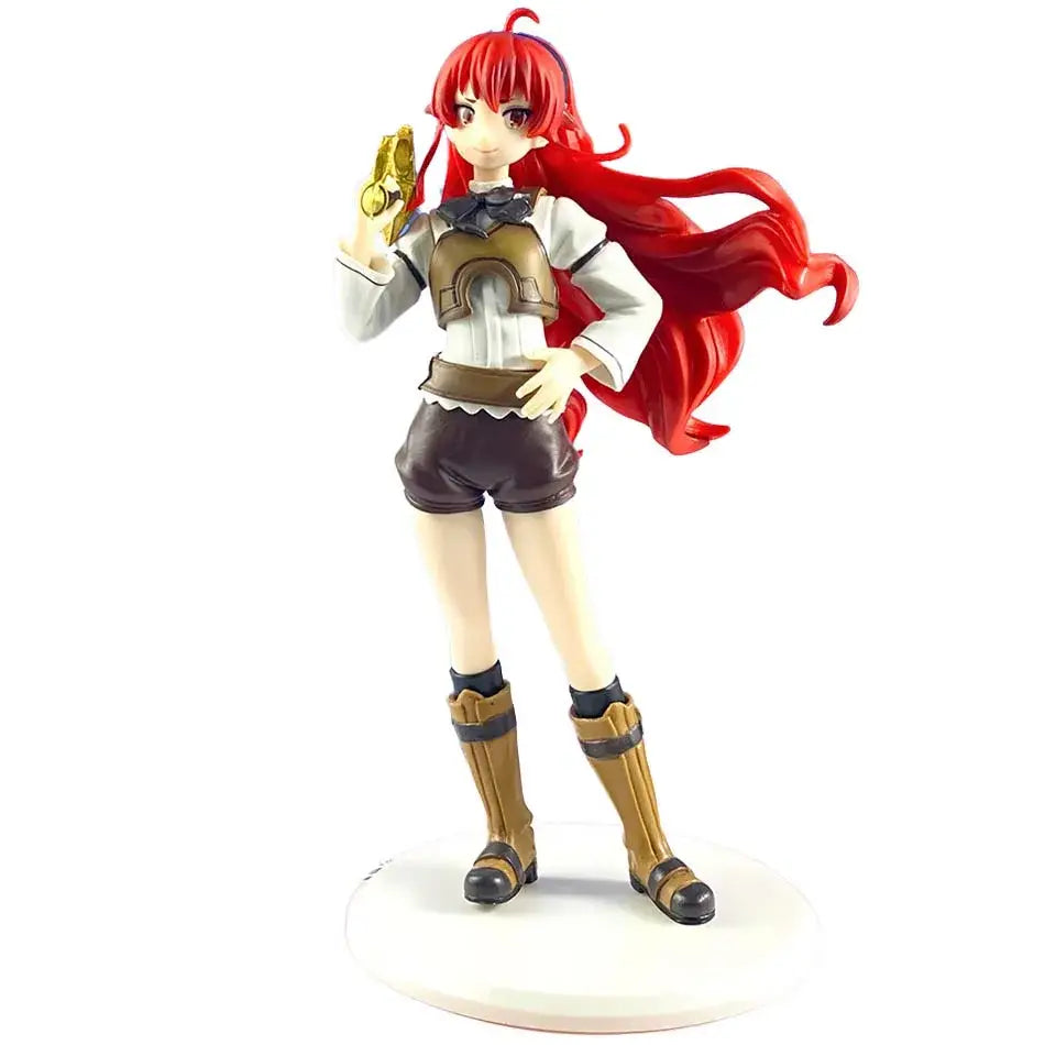 Mushoku tensei eris pvc figure with red hair flowing, white blouse, brown shorts and boots holding a golden object