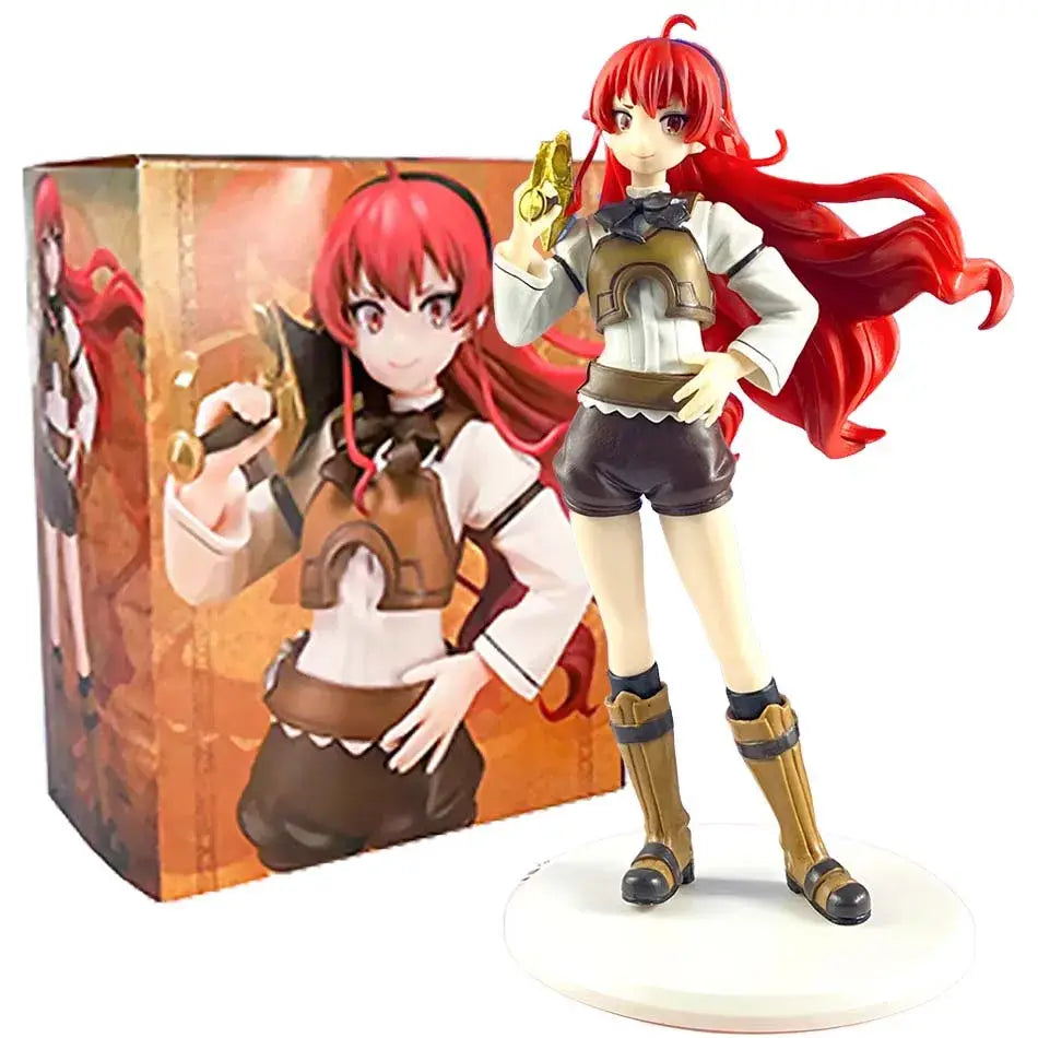Mushoku tensei eris boreas pvc figure red-haired anime figurine with long hair in white blouse and brown armor on circular base