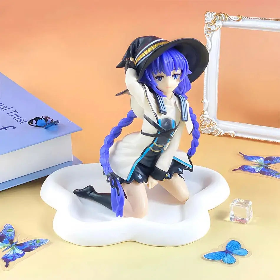 A detailed mushoku tensei eris boreas greyrat pvc figure with vibrant blue hair and a black witch hat