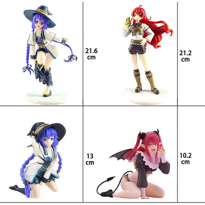 Four mushoku tensei eris boreas pvc figures including witches and red-haired character with detailed outfits and accessories