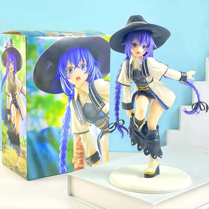 Purple-haired mushoku tensei eris boreas greyrat pvc figure wearing black hat cream coat and dark outfit with boots