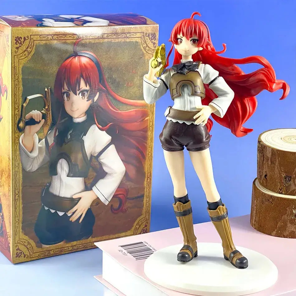 Red-haired mushoku tensei eris boreas greyrat pvc figure with long hair holding a golden pistol in white blouse and brown shorts