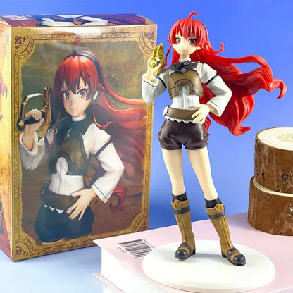 Red-haired mushoku tensei eris boreas greyrat pvc figure with long hair holding a golden pistol in white blouse and brown shorts