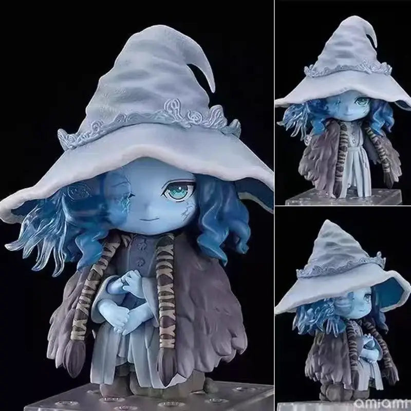 Chibi-style eris greyrat pvc statue from mushoku tensei with blue skin teal eyes and layered dark gray cloak