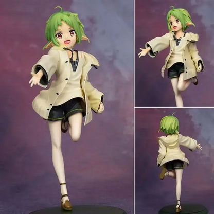 Mushoku tensei eris greyrat pvc statue 10cm figure with green hair, beige trench coat, and black shorts on base