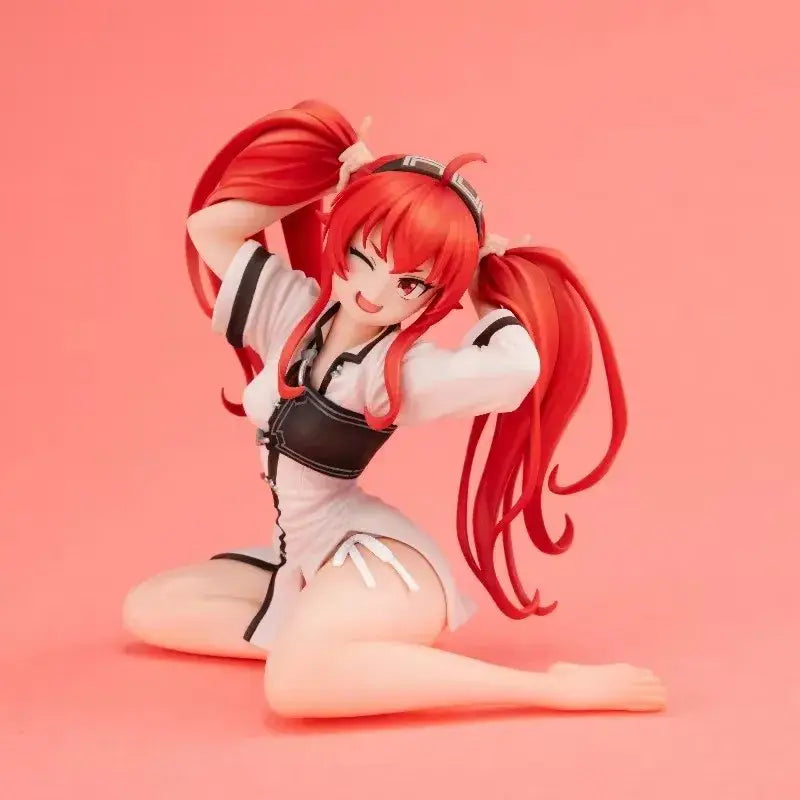 A detailed eris greyrat pvc statue from mushoku tensei featuring a red-haired anime girl kneeling in white and black outfit
