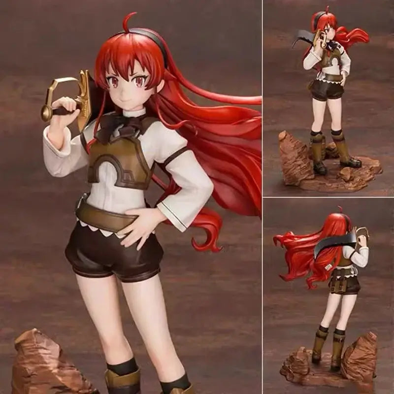 Red-haired eris greyrat pvc statue from mushoku tensei wearing white blouse and armor accents holding golden sword