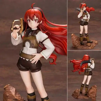 Red-haired eris greyrat pvc statue from mushoku tensei wearing white blouse and armor accents holding golden sword