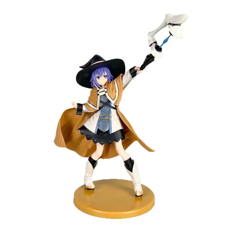 Detailed eris greyrat pvc statue featuring a witch with purple hair in a black hat brown coat and blue dress holding a staff