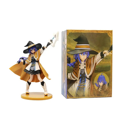 Blue-haired eris greyrat pvc statue in tan coat and black hat holding glowing staff from mushoku tensei